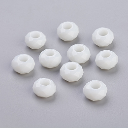 Honeyhandy Glass European Beads, Large Hole Beads, No Metal Core, Faceted Rondelle, White, about 14mm in diameter, 8mm thick, hole: 5mm