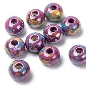 Honeyhandy Handmade Porcelain European Beads, Large Hole Beads, Pearlized, Rondelle, Orchid, 12x9mm, Hole: 4mm