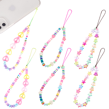 Arricraft 6pcs 3 Styles Resin Beaded Mobile Straps, Mixed Shapes, Mixed Color, 205mm and 109mm, 2pcs/style