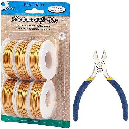 BENECREAT 16 Gauge Aluminum Gold Wire 32.5FT by 6 Rolls Craft Beading Wire with Jewelry Plier for Craft Jewelry Making
