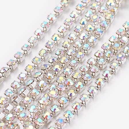ARRICRAFT Brass Rhinestone Strass Chains, Rhinestone Cup Chain, 2880pcs Rhinestone/bundle, Grade A, Silver Color Plated, Crystal AB, 2mm, about 28.87 Feet(8.8m)/bundle