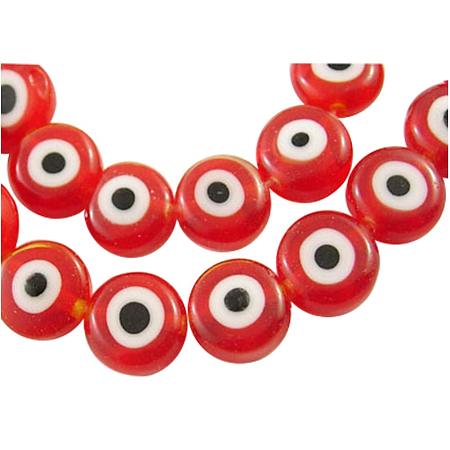 NBEADS 10 Strands (About 50pcs/Strand) 8mm Red Flat Round Evil Eye Lampwork Beads Handmade Charm Beads Spacer Beads for Jewelry Making