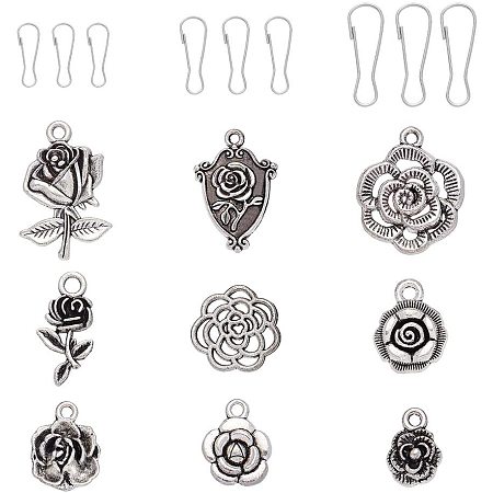 PandaHall Elite Zipper Pull Charms, 90pcs 9 Style Flower Zipper Pulls Charms with 30pcs 3 Size Key Clip Spring Snap Clasp Replacement Zipper Pull Charms for Jacket, Purse, Packbag, Backpack