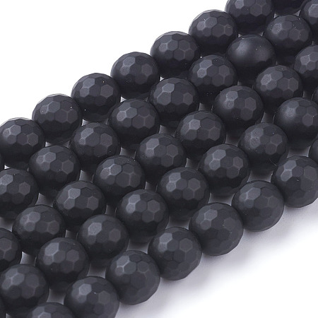 Honeyhandy Synthetic Black Stone Beads Strands, Dyed, Faceted, Frosted, Round, Black, 8mm