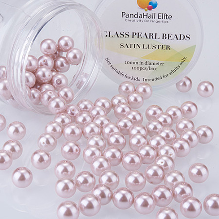 PandaHall Elite 10mm About 100Pcs Tiny Satin Luster Glass Pearl Round Beads Assortment Lot for Jewelry Making Round Box Kit Pink