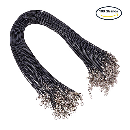 PandaHall Elite 100 Strands 1.5mm Black Waxed Cotton Beading Cord with Alloy Lobster Claw Clasps and Iron Extension Chains for Necklace Making 18.7