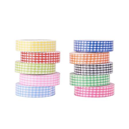 ARRICRAFT 10 Rolls Single Face Grid Pattern Printed Cotton Ribbon Adhesive Tape 15mm Width Mixed Color