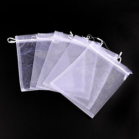 NBEADS 100 Pcs White Rectangle Organza Bags Jewelry Packing Drawstring Pouches Party Wedding Favor Festival Gift Bags Candy Bags, 9 x 6.7 Inches