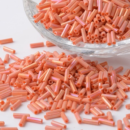 Honeyhandy Opaque Colours Rainbow Plated Glass Bugle Beads, Round Hole, Coral, 6~7x1.5~2mm, Hole: 0.5mm, about 12500pcs/bag
