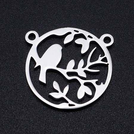 Honeyhandy 201 Stainless Steel Pendants, Filigree Joiners Findings, Laser Cut, Round Ring with Branch with Bird, Stainless Steel Color, 17.5x18x1mm, Hole: 1.5mm