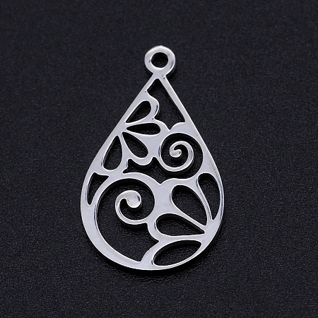 Honeyhandy 201 Stainless Steel Pendants, Filigree Joiners Findings, Laser Cut, teardrop, with Flower, Stainless Steel Color, 22x13x1mm, Hole: 1.4mm