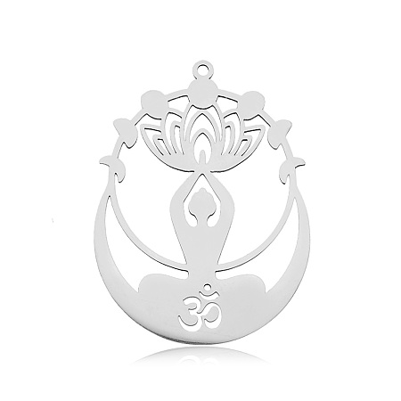 Honeyhandy 201 Stainless Steel Yoga Theme Pendants, Laser Cut, Lotus with Human, Stainless Steel Color, 43x32x1mm, Hole: 1.6mm