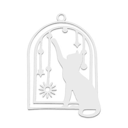 Honeyhandy 201 Stainless Steel Pendants, Laser Cut, Birdcage with Cat, Stainless Steel Color, 32x21.5x1mm, Hole: 1.6mm