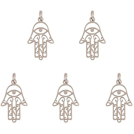 NBEADS 5 Pcs 201 Stainless Steel Hamsa Hand Pendants, 21.5mmx13mm Fatima Hand Mariam Evil Eye Pendant Charms with Large Holes for Home Blessing Decoration and Crafts Making, Stainless Steel Color