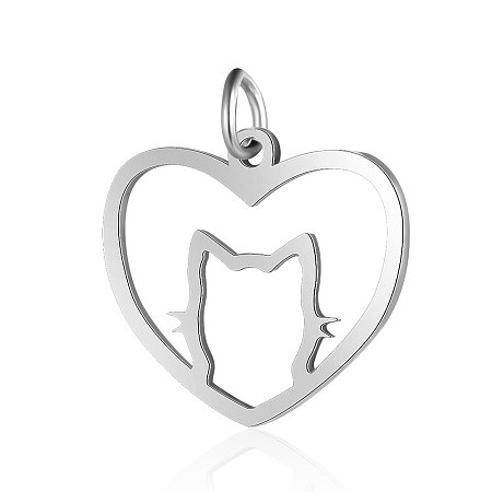 Honeyhandy 201 Stainless Steel Filigree Kitten Pendants, Heart with Cat Shape, Stainless Steel Color, 17x20x1mm, Hole: 3mm