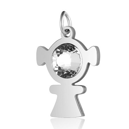 Honeyhandy 201 Stainless Steel Pendants, with Rhinestone, Robot, Crystal, Stainless Steel Color, 19x14.5x4mm, Hole: 3mm