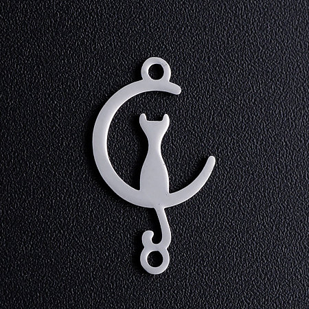 Honeyhandy 201 Stainless Steel Kitten Links connectors, Crescent Moon with Cat Shape, Stainless Steel Color, 19x11x1mm, Hole: 1.2mm