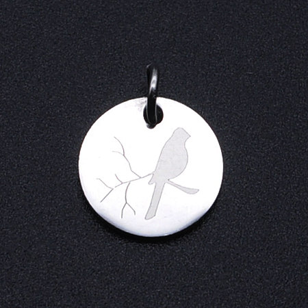 Honeyhandy 201 Stainless Steel Charms, with Jump Rings, Flat Round with Bird, Stainless Steel Color, 12x1mm, Hole: 3mm