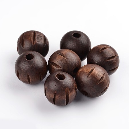 Honeyhandy Natural Wood Beads, Lead Free, Dyed, with Carved Pattern, Round, Coffee, 25mm, Hole: 6~7mm