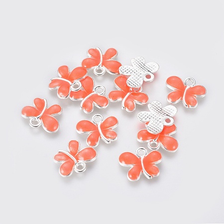 Alloy Enamel Charms, Butterfly, Silver Color Plated, Pink, 13.5x11x2.5mm, Hole: 1.5mm