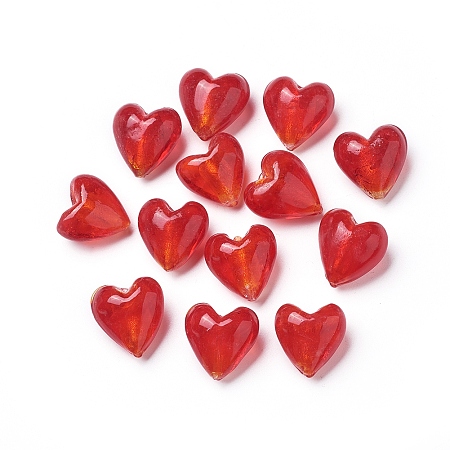 Honeyhandy Handmade Silver Foil Glass Beads, Heart, Red, 20x20x13mm, Hole: 2mm