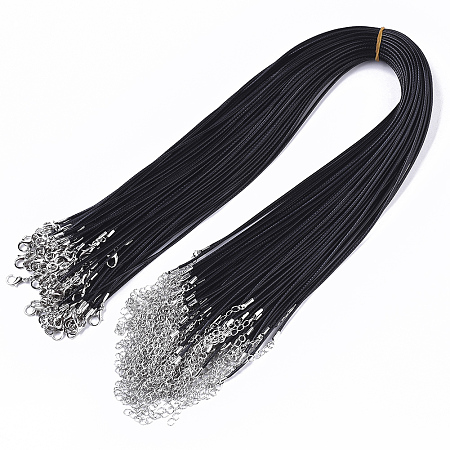 Honeyhandy Waxed Cotton Cord Necklace Making, with Alloy Lobster Claw Clasps and Iron End Chains, Platinum, Black, 17.4 inch(44cm), 1.5mm