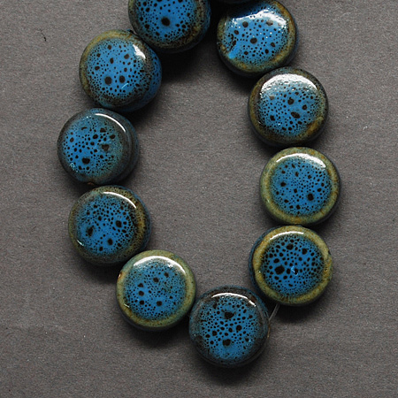 Honeyhandy Handmade Porcelain Beads, Fancy Antique Glazed Porcelain, Flat Round, Cornflower Blue, 12x7mm, Hole: 3mm