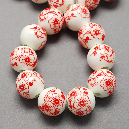 Honeyhandy Handmade Printed Porcelain Beads, Round, Red, 12mm, Hole: 2mm
