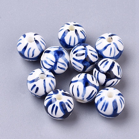 Honeyhandy Handmade Porcelain Beads, Blue and White Porcelain, Round, Blue, 12mm, Hole: 2mm