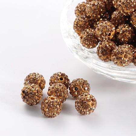 Honeyhandy Pave Disco Ball Beads, Polymer Clay Rhinestone Beads, Round, Light Colorado Topaz, 10mm, Hole: 1.5mm
