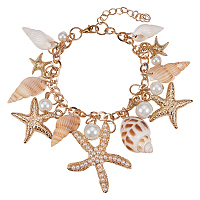 PandaHall Elite Trendy Shell Charm Bracelets, CCB Acrylic Alloy Rhinestone Starfish and Glass Pearl Pendants with Iron Chains and Brass Lobster Claw Clasps, Golden, 230mm