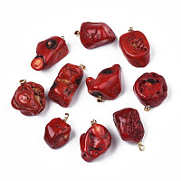 Synthetic Sea Bamboo Coral(Imitation Coral) Pendants, with Golden Plated Brass Findings, Dyed, Nuggets, Red, 27~40x17~31x14~25mm, Hole: 3.5x4.5mm