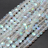 Honeyhandy Synthetic Moonstone Beads Strands, Holographic Beads, Half AB Color Plated, Frosted, Round, White, 8mm, Hole: 1mm, about 46pcs/strand, 15 inch