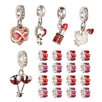 Arricraft 7 Style Alloy European Dangle Charms, with Crystal Rhinestone and Enamel, Large hole Pendants, Pigeon & Lipstick & Wine Glass & Heart Column, Mixed Color, 30pcs/box