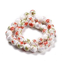 Honeyhandy Handmade Flower Printed Porcelain Ceramic Beads Strands, Round, Red, 10mm, Hole: 2mm, about 35pcs/strand, 13.5 inch