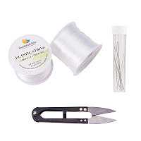 PandaHall Elite 2 Roll (60m/Roll) 0.8mm Clear White Elastic Stretch Polyester String Cord with Thread Cutter Scissors, Beading Needle and Plastic Bead Containers for Jewelry Making