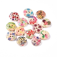 Honeyhandy 2-Hole Printed Wooden Buttons, for Sewing Crafting, Flat Round with Mixed Flower Pattern, Dyed, Mixed Color, 14.5~15x4mm, Hole: 2mm