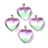 Honeyhandy Two Tone Spray Painted Glass Pendants, with Golden Plated Iron Bails, Heart, Medium Sea Green, 22x20.5x7mm, Hole: 6x2mm