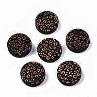 Honeyhandy Painted Natural Wood Beads, Laser Engraved Pattern, Flat Round with Leopard Print, Black, 15x4.5mm, Hole: 1.5mm