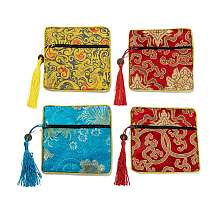 Honeyhandy Chinese Brocade Tassel Zipper Jewelry Bag Gift Pouch, Square with Flower Pattern, Mixed Color, 11.5~11.8x11.5~11.8x0.4~0.5cm