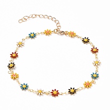 Honeyhandy Golden Brass Flower Enamel Links Anklets, with Brass Curb Chains & Lobster Claw Clasps, Colorful, 9-1/2 inch(24.2cm)