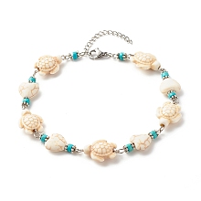 Honeyhandy Heart & Tortoise Synthetic Turquoise Beaded Anklet, Adjustable Anklet for Women, Platinum, WhiteSmoke, 10 inch(25.5cm)