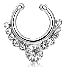 Honeyhandy Personality Brass Cubic Zirconia Clip-on Nose Septum Rings, Nose Piercing Jewelry, Circular/Horseshoe Barbell, Platinum, Clear, 17x16mm