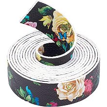 GORGECRAFT Double Sided Printed Leather Strap Strip 1 Inch Wide 79 Inch Long Flower Black Leather Belt Strips Wrap Flat Cord for DIY Crafts Projects Clothing Jewelry Wrapping Making Bag Handles