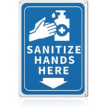 GLOBLELAND Sanitize Hands Here Sign, 7x10 inches 35 Mil Aluminum Safety Sign with Down Arrow Symbol, UV Protected Reflective and Waterproof