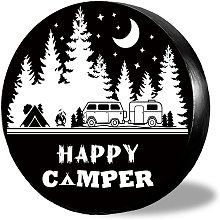 CREATCABIN Happy Camper Spare Wheel Tire Cover Protectors Funny Black Tire Covers Weatherproof Oxford Fabric for Trailer Truck Travel Trailer Rv SUV Universal Fit 15inch