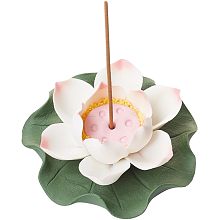 Porcelain Incense Burner Holder, Home Office Teahouse Zen Buddhist Supplies, Lotus & Lotus Leaf, Pink, 88x90.5x33mm, Hole: 3.5mm