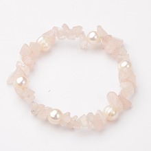 Honeyhandy Gemstone Chip Stretch Bracelets, with Grade B Potato Freshwater Pearl Beads, Rose Quartz, 55mm