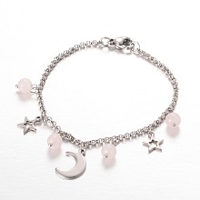 Honeyhandy Moon & Star Stainless Steel Gemstone Charm Bracelets, with Lobster Claw Clasps, Rose Quartz, 7-1/4 inch(185mm)