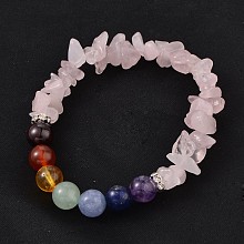 Honeyhandy Chips and Round Chakra Natural Gemstone Beaded Stretch Bracelets, Rose Quartz, 50~53mm